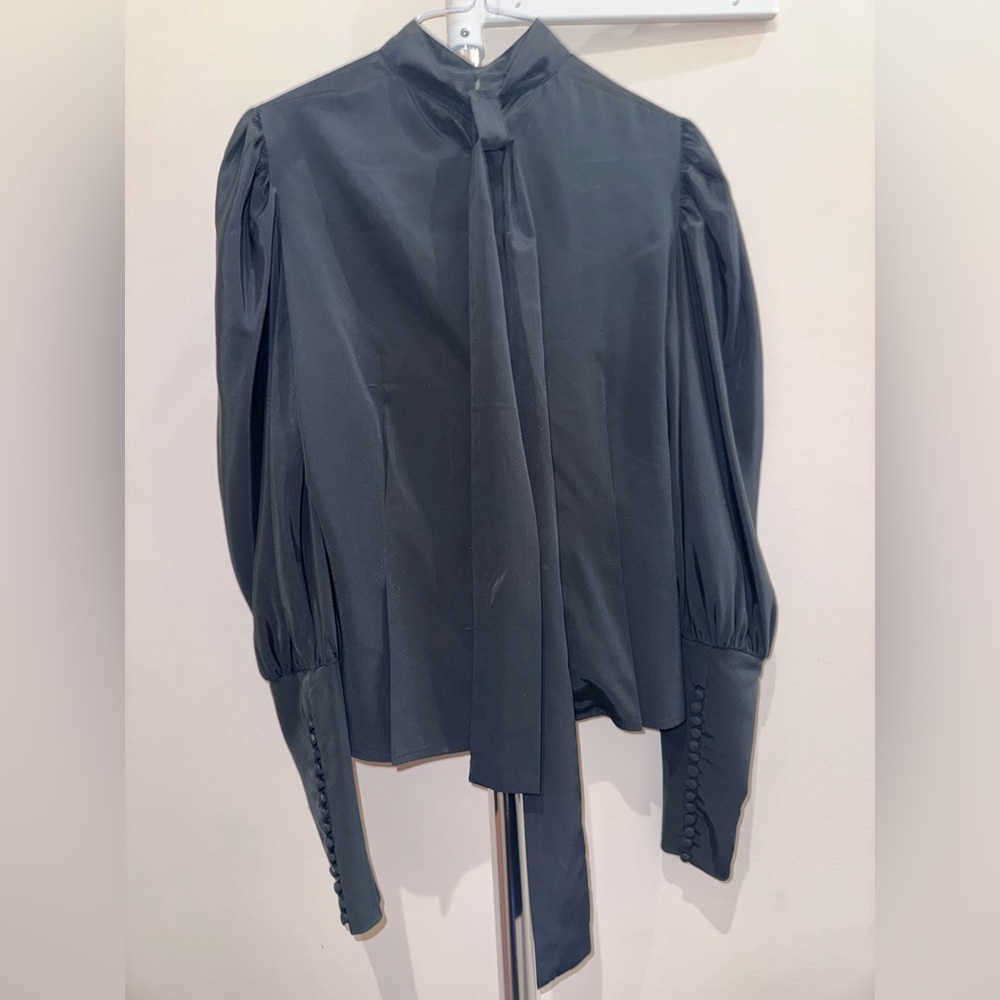 Black Puff-Sleeve Tie-Neck Women's Blouse
